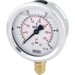Manometr glicerynowy, Ø 63 mm 25 bar, przyłącze dolne 1/4"